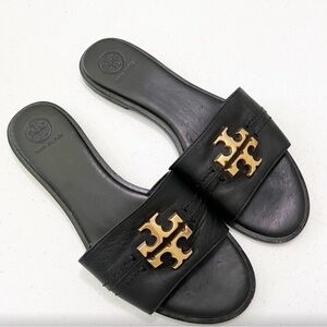 Tory Burch Everly Black Slides with Gold Emblem sandals slippers